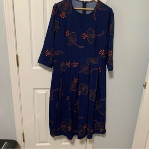 Blue and Orange Work Dress fit and flare with Rounded Neckline